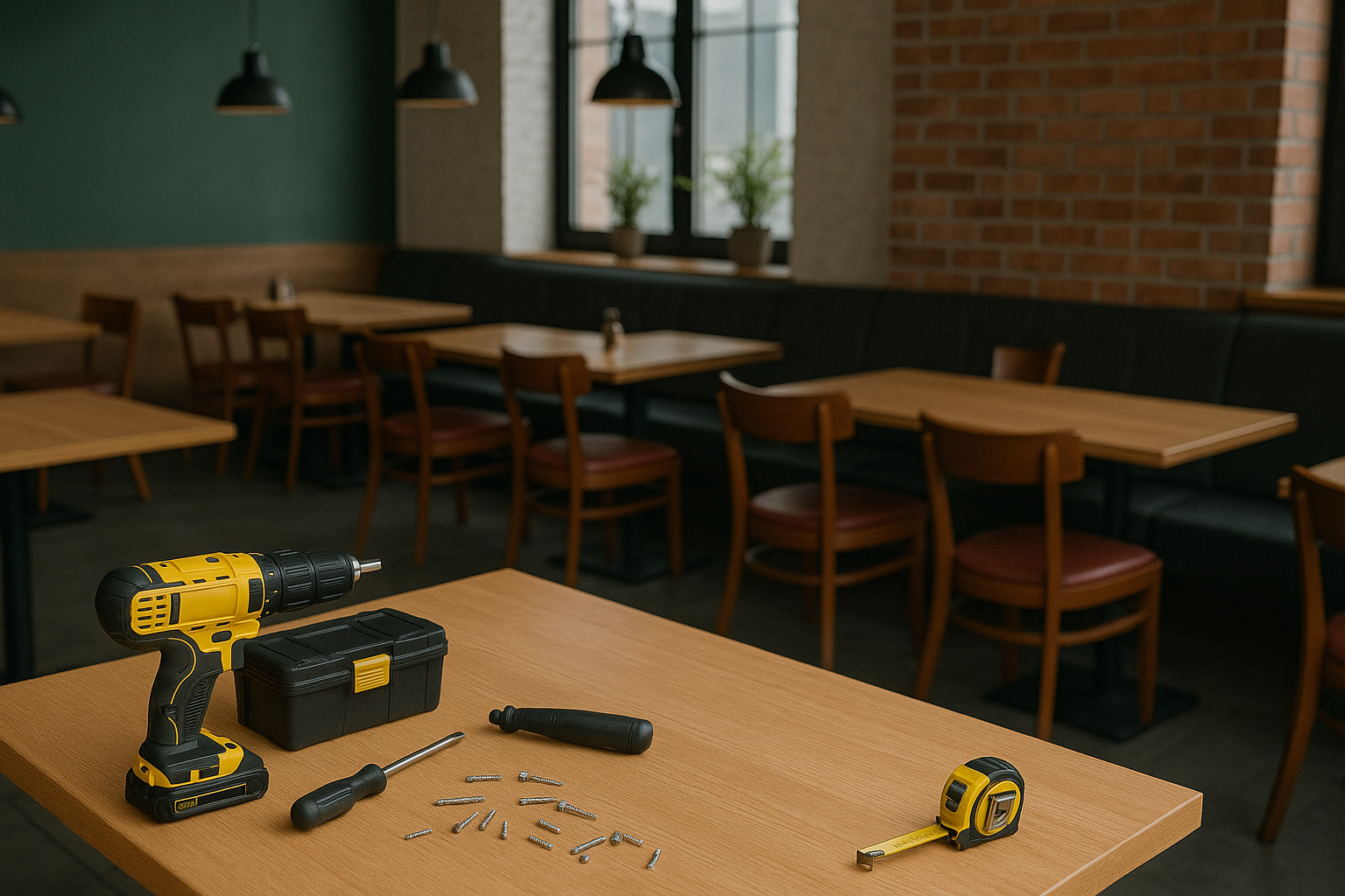 Restaurant furniture repair tools on a table